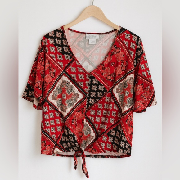Vintage Y2K Jody California Womens‎ Red Paisley Patchwork Tie Blouse sz S 90's - Picture 1 of 4
